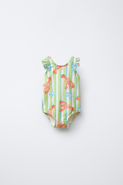 ZARA КУПАЛЬНИК В ПОЛОСКУ С ПРИНТОМ, ЗЕЛЕНЫЙ