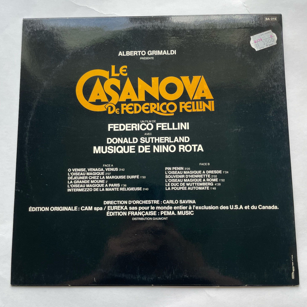 Винтажная виниловая пластинка LP Nino Rota Le Casanova De Federico Fellini, Музыка Из Кинофильма Казанова Федерико Феллини (Франция 1977)