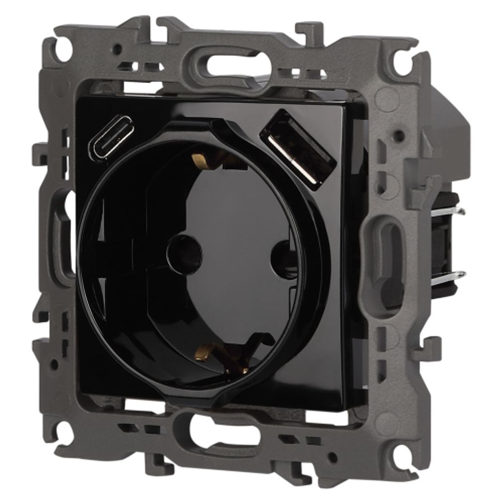 Розетка ЭРА Серия 12 12-4108-06 2P+E 16A-250В со шторками с USB type-A+C 5В-3А чёрный | Эра 12