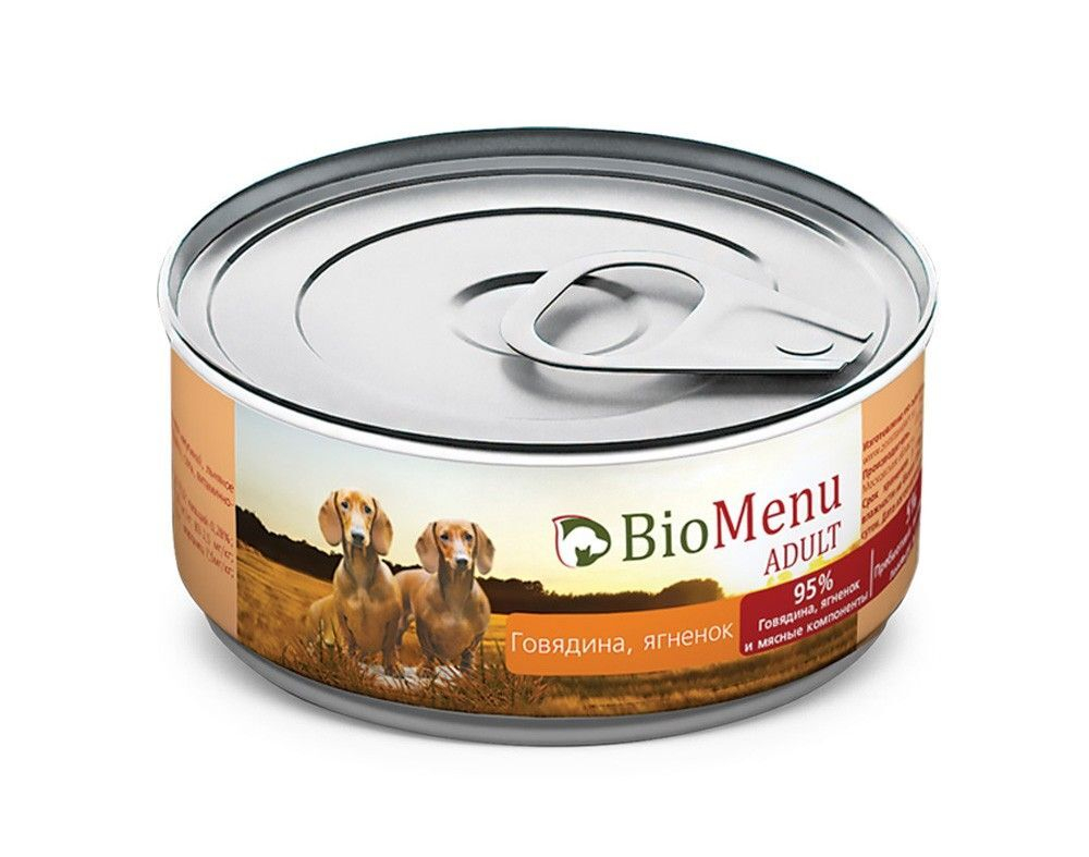 Говядина/Ягненок 95% МЯСО, 100гр, BioMenu ADULT консервы для собак, жб