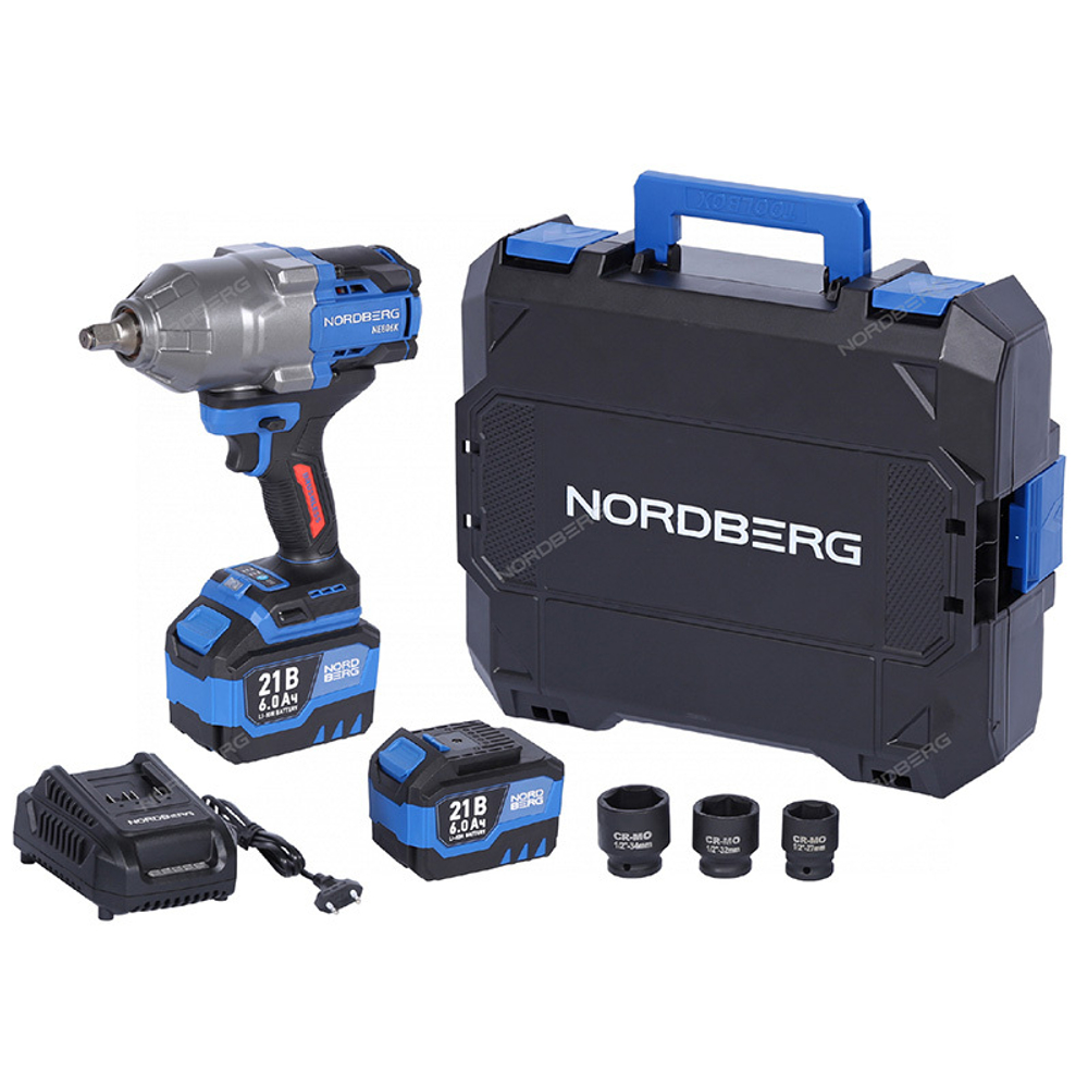 NORDBERG (NE806K-1/2) Гайковерт аккумуляторный, 1/2", 21В, 1500 Нм с двумя 6A акк. и зар. уст-вом, в кейсе