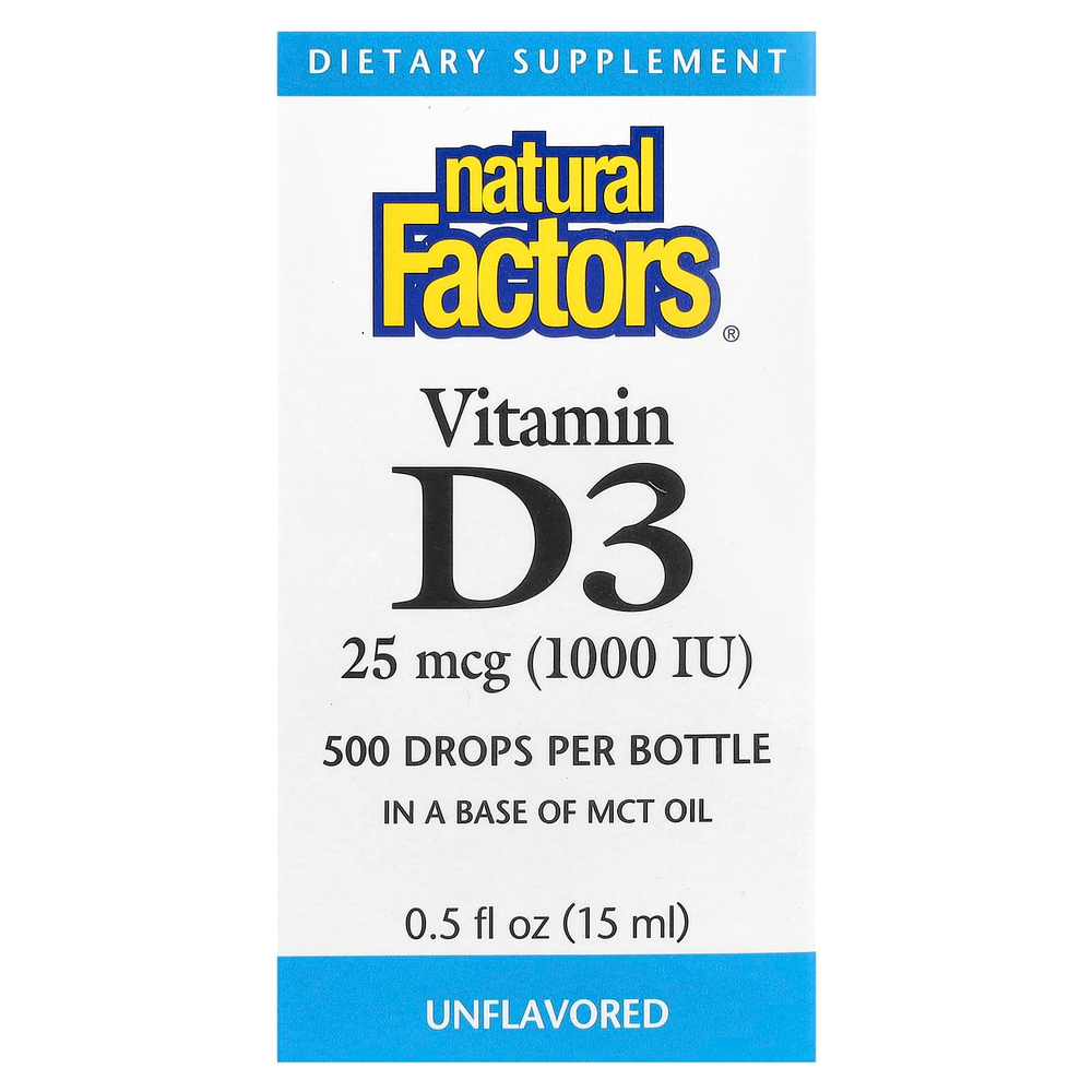 Natural Factors, Витамин D3 в каплях, без ароматизаторов, 25 мкг (1000 МЕ), 15 мл (0,5 жидкой унции)