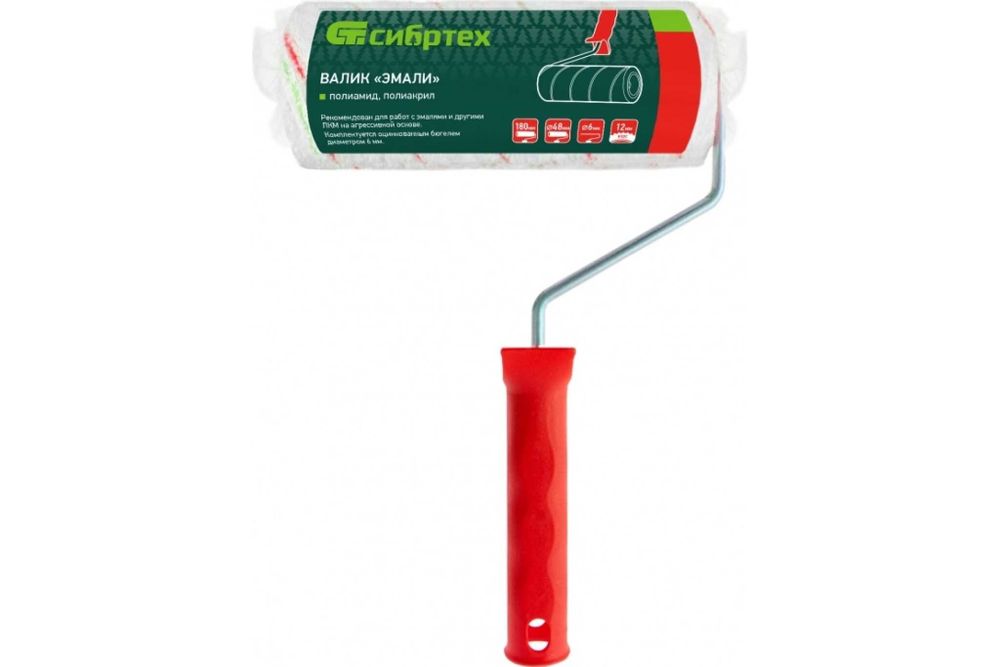 Валик "Эмали" , 180 мм, ворс 12 мм, D - 48 мм, D ручки - 6 мм, полиамид,полиакрил// Сибртех 80196