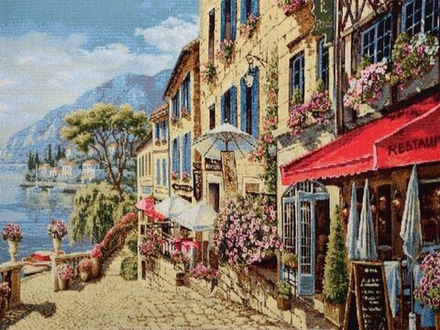 Гобеленовая картина "D. РЕСТОРАН НА НАБЕРЕЖНОЙ-2" в багетной раме, Россия.