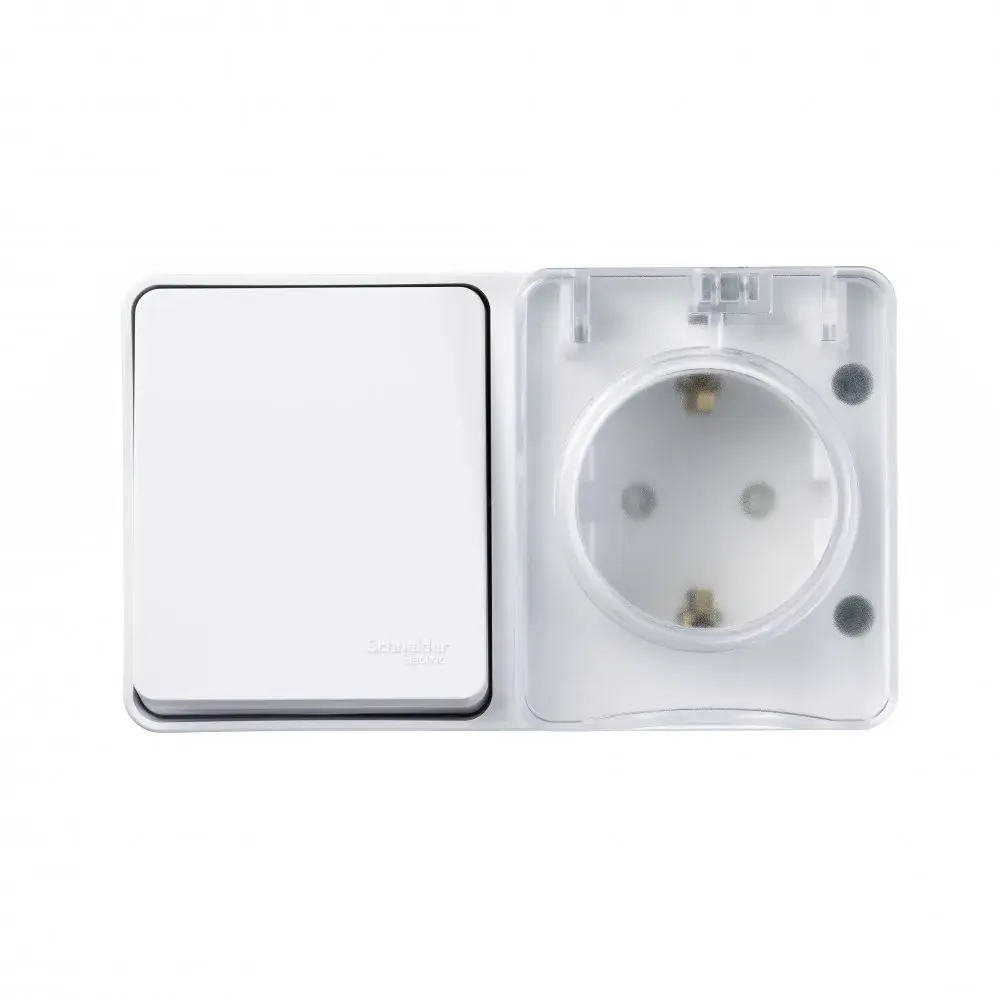 ATLASDESIGN PROFI IP54 О/У БЛОК: РОЗЕТКА с заземл. со шт., 16А, ВЫКЛЮЧАТЕЛЬ 1-клав., 10АХ, БЕЛЫЙ