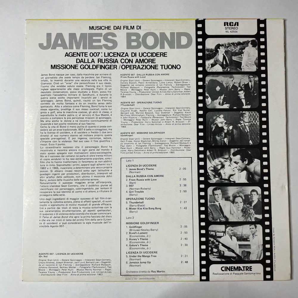 Винтажная виниловая пластинка LP Orchestra Diretta Di Ray Martin Musiche Dai Film Di James Bond 007 (Italy 1979)