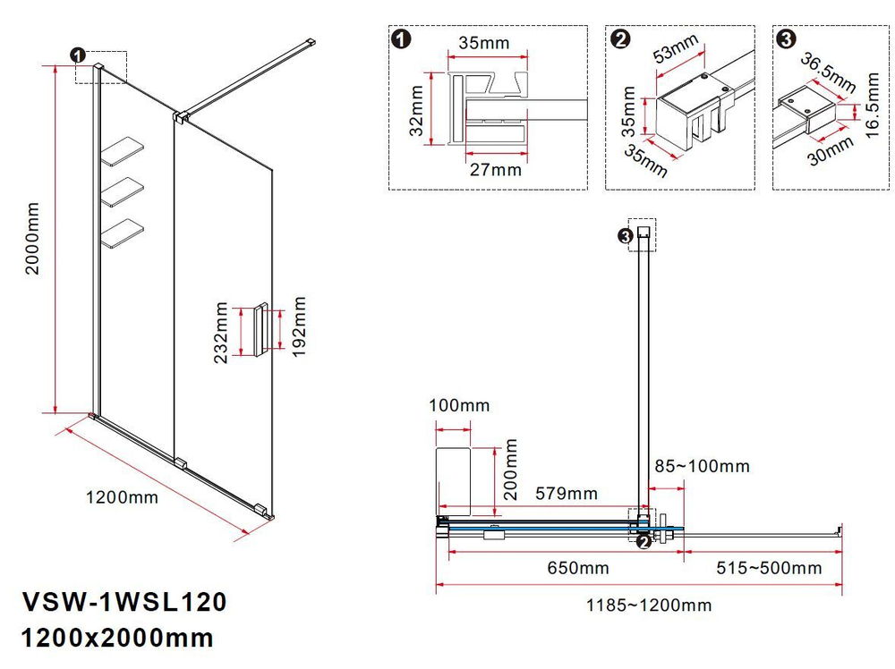 Душевая перегородка Walk-In VSW-1WSL120GSGM, 1200*2000, вороненая сталь, стекло янтарь