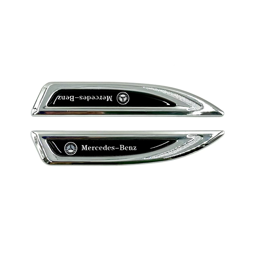 Накладки/наклейки Mercedes объемные металлические ("плавник" Мерс 14,5х2,5см). 2 шт в комплекте. Серебристый цвет