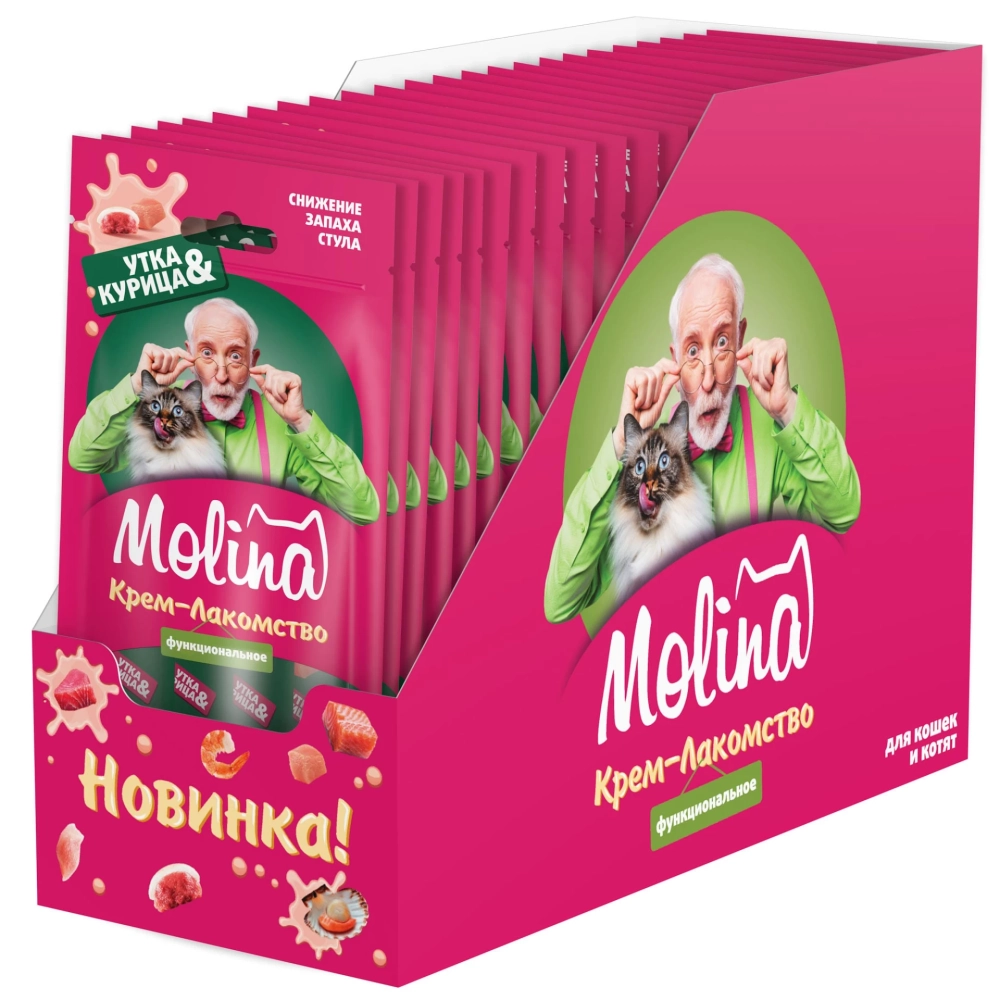Функциональное крем-лакомство MOLINA с уткой и курицей для кошек для Снижения запаха фекалий 4х12г