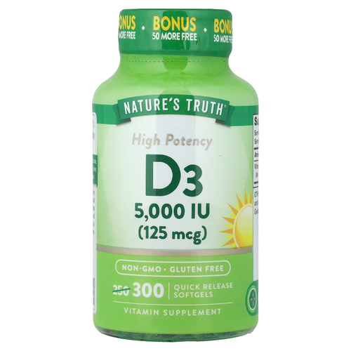 Nature's Truth, витамин D3, 125 мкг (5000 МЕ), 300 капсул с быстрым высвобождением