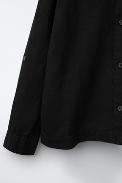 ZARA ЛЬНЯНАЯ РУБАШКА С ВОРОТНИКОМ-СТОЙКОЙ, ЧЕРНЫЙ