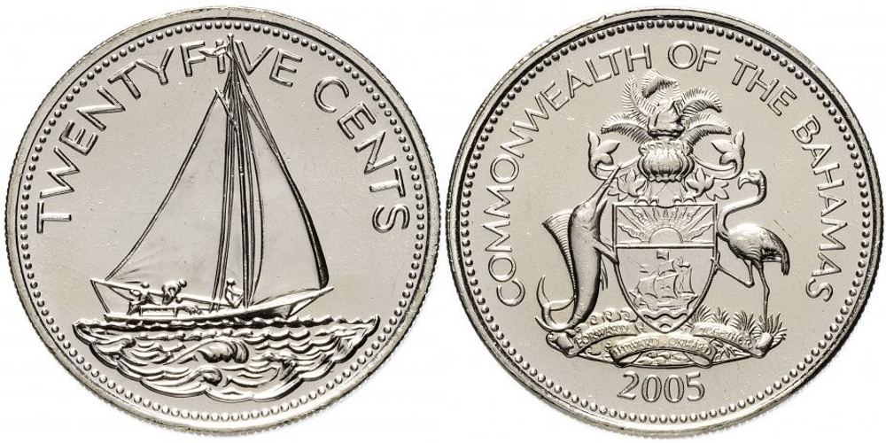 Багамы 25 центов, 1991 - 2005 Парусное судно XF