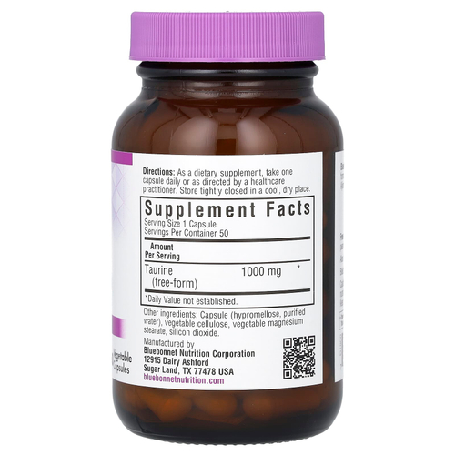 Bluebonnet Nutrition, таурин, 1000 мг, 50 растительных капсул