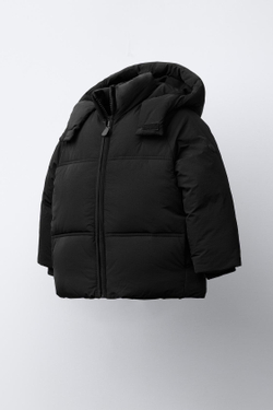 ZARA СТЕГАНАЯ КУРТКА С КАПЮШОНОМ WATER REPELLENT, ЧЕРНЫЙ