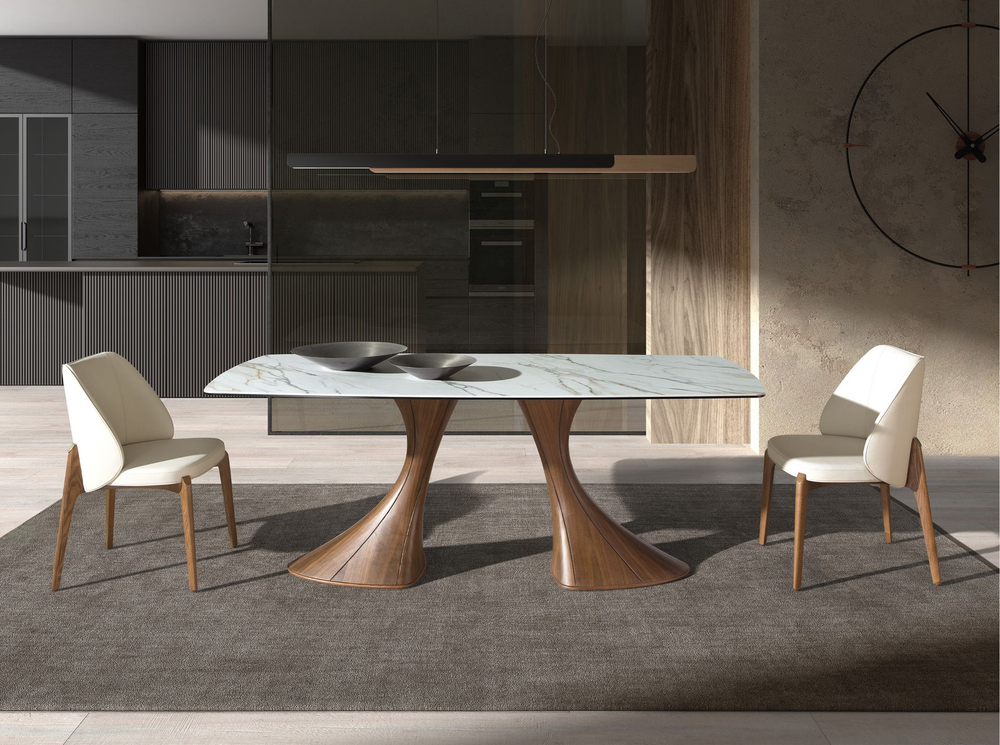 Обеденный стол 1174 овальный с мраморной керамикой и орехом