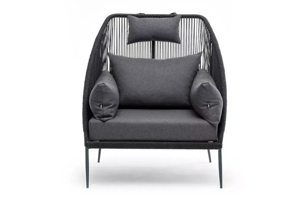 "Мадрид" кресло плетеное из роупа, каркас алюминий темно-серый (RAL7024) муар, роуп темно-серый круглый, ткань темно-серая 027