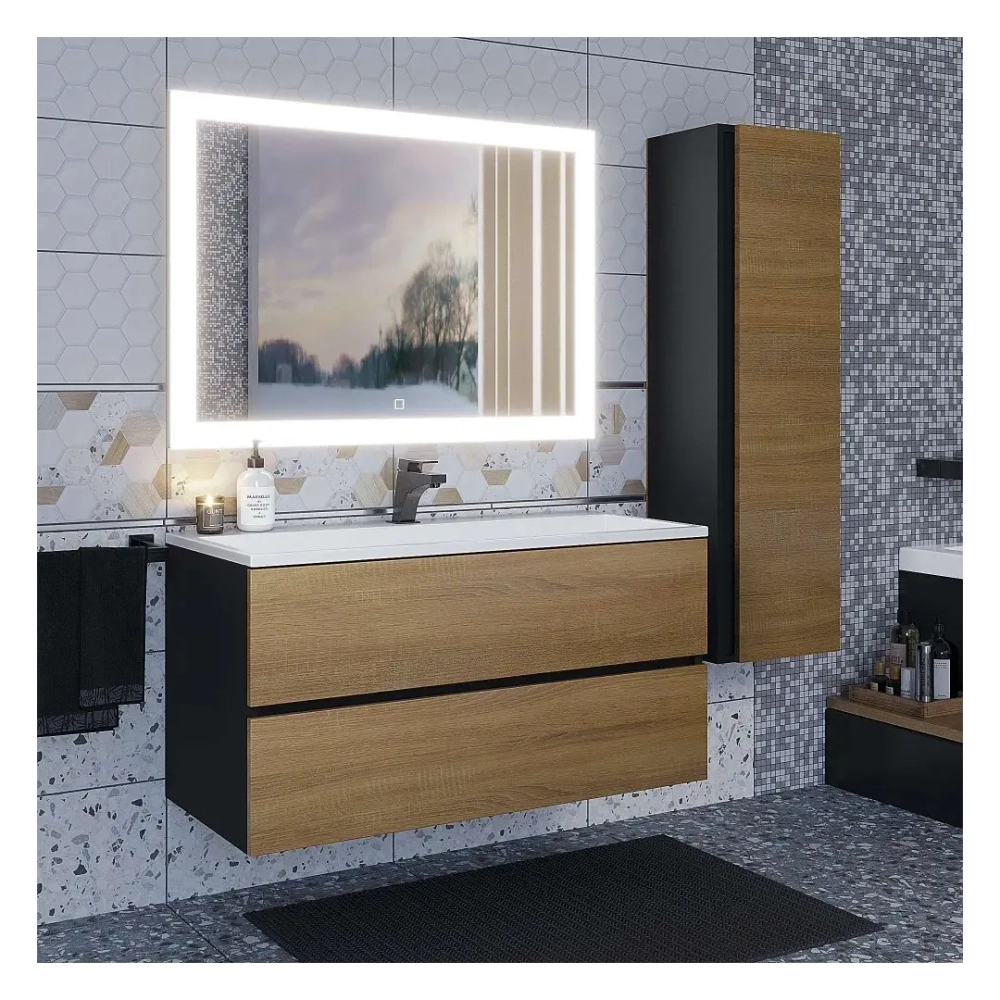 Тумба с раковиной Uperwood Barsa 100 см, раковина белая, подвесная тумба черная/дуб сонома