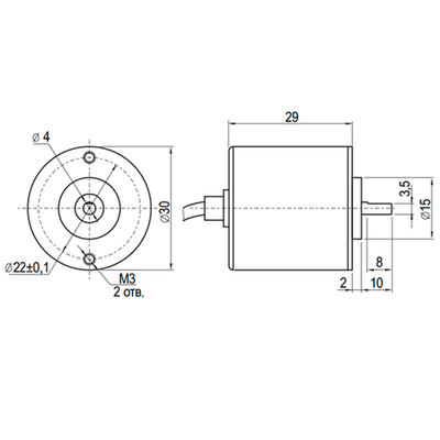 Инкрементальный энкодер INNOCONT ESI-S30-4-100-3-T-24 D=30мм, выступающий вал 4мм, 100 имп/об, 24VDC, выход HTL, IP54, -20…+80°C, аксиальный кабель 2м