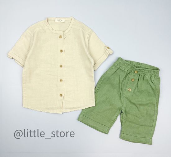 Комплект муслиновый с шортами; Зеленый/лен