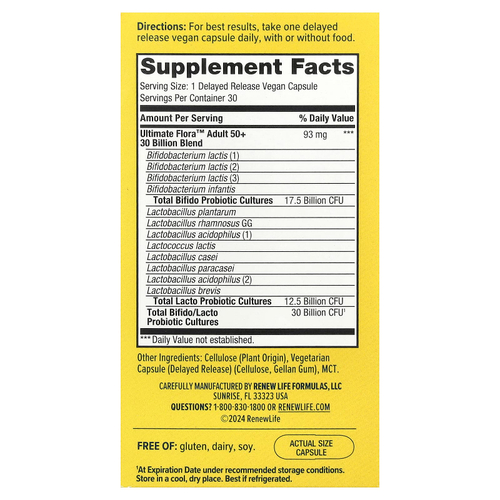 Renew Life, Ultimate Probiotic Flora™, для взрослых старше 50 лет, 30 млрд КОЕ, 30 веганских капсул с отсроченным высвобождением