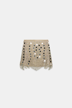 ZARA ТРИКОТАЖНАЯ МИНИ-ЮБКА С БУСИНАМИ, СЕРЕБРИСТЫЙ