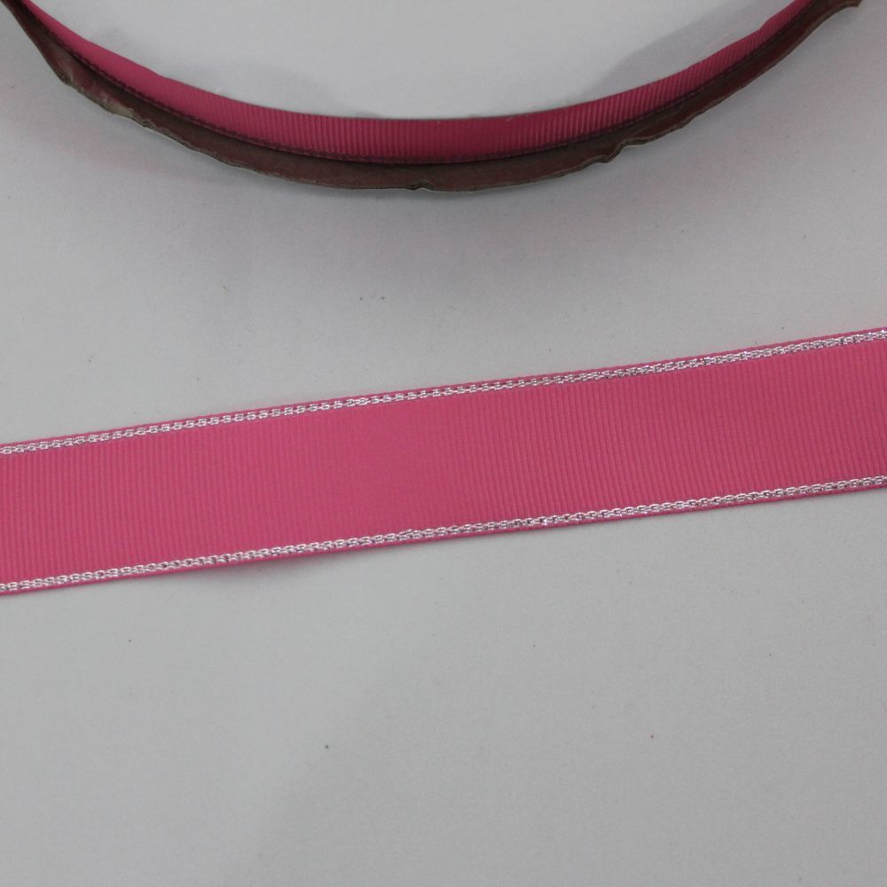 Лента репсовая однотонная с металл. кромкой(серебро) 25 мм, длина 25 ярдов, цвет: 156 розовый
