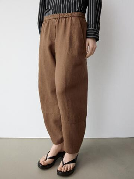 Massimo Dutti Льняные брюки с эластичным поясом, коричневый