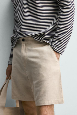 ZARA ШОРТЫ REGULAR FIT ИЗ РЕЛЬЕФНОЙ ТКАНИ, СВЕТЛО-БЕЖЕВЫЙ