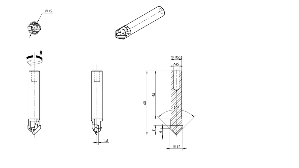 PCD концевая фреза D.12x9 S.10x45 Z2
