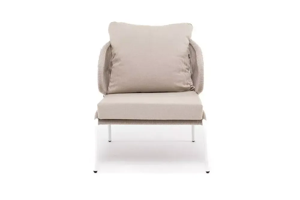 "Милан" кресло плетеное из роупа, каркас алюминий белый муар, роуп бежевый круглый, ткань бежевая 035