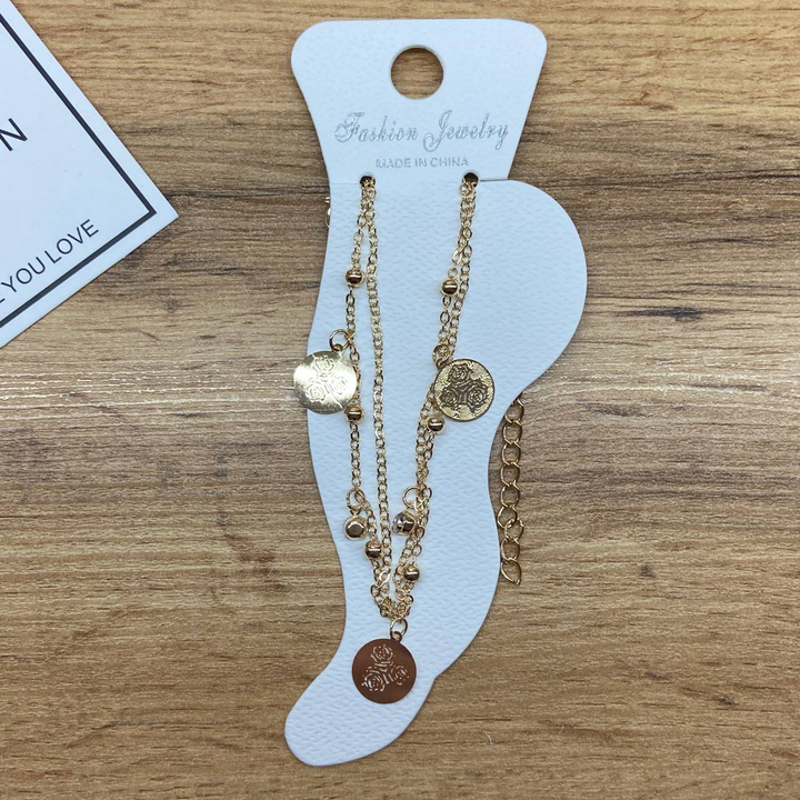 Браслет на ногу цепочка подвески 3 розы в круге стразы металл золотистый