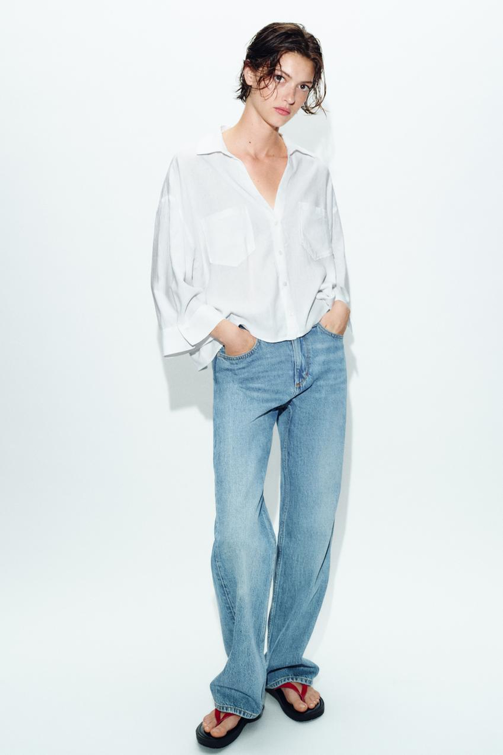 ZARA СВОБОДНАЯ РУБАШКА ИЗ ЛЬНА, БЕЛЫЙ