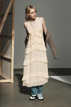 ZARA ПЛАТЬЕ МИДИ С ВОЛАНАМИ, КРЕМОВЫЙ