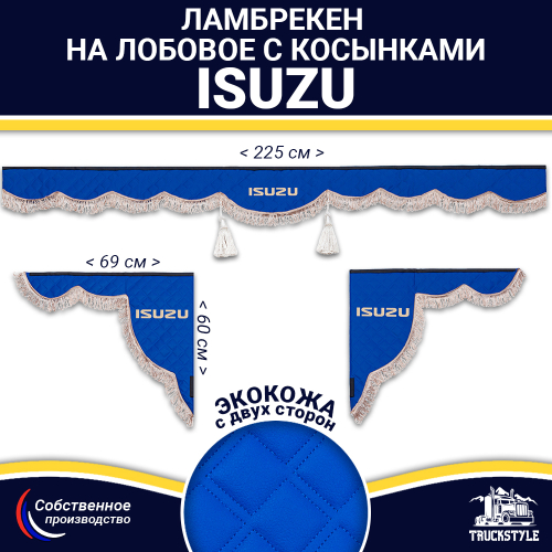 Ламбрекен с косынками двусторонние Isuzu (экокожа, синий, коричневые кисточки)