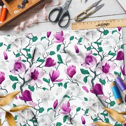 Ткань атлас яркие цветы на искривлённых веточках