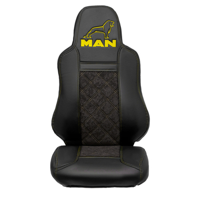 Чехлы MAN TGX, TGS с 2021 года c регулировкой ремня безопасности водителя по высоте  (экокожа, желтая строчка)