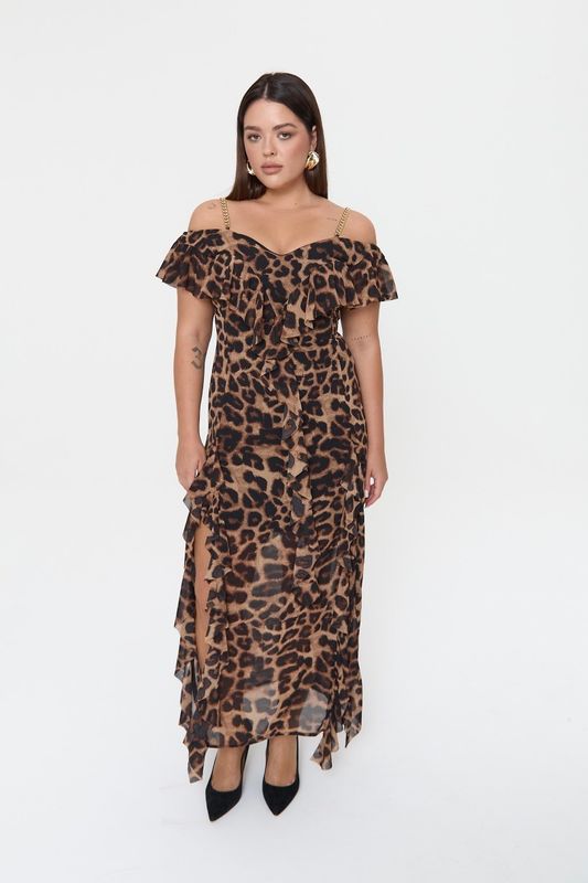 Платье-комбинация с воланами из шифона, леопардовый принт