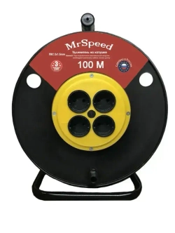 Силовой удлинитель на пластиковой катушке ПВС ТУ 2х1,5 mm 100 Метров/ 4 Розетки/ Б/З