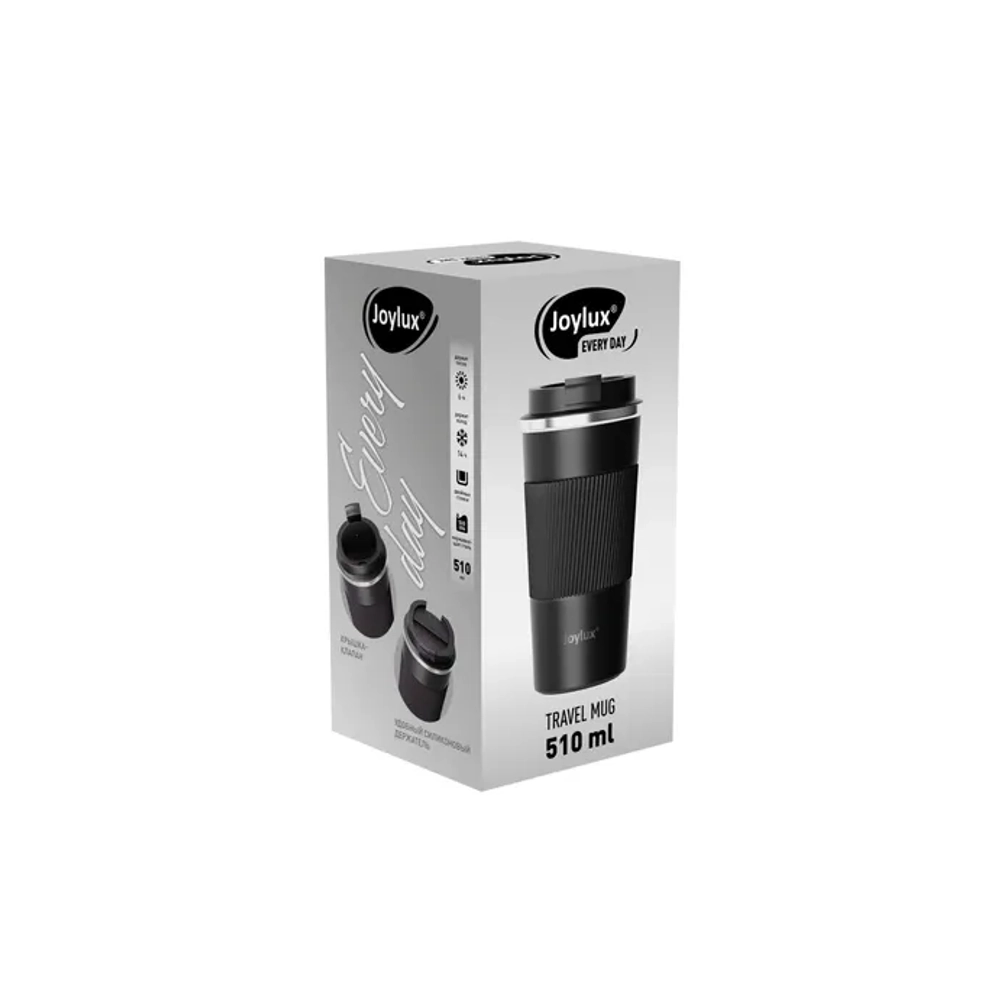 Термокружка 510 мл JOYLUX (ДЖОЙЛЮКС) EVERY DAY, нержавеющая сталь SUS304, силиконовый рукав, черный матовый, 700292