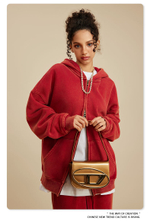 Женский американский модный брендовый костюм с эффектом потёртости и капюшоном,бархатная толстовка с двойной молнией