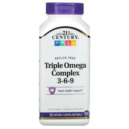 Рыбий жир и Омега 3, 6, 9 21st Century, Triple Omega Complex 3-6-9, 90 мягких желатиновых капсул с кишечнорастворимой оболочкой