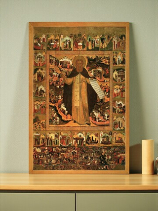 Сергий Радонежский святой преподобный игумен с житием и Куликовской битвой. Деревянная икона на левкасе