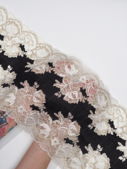 Эластичное кружево для белья черное с шампанью и золотым люрексом ширина 21 см