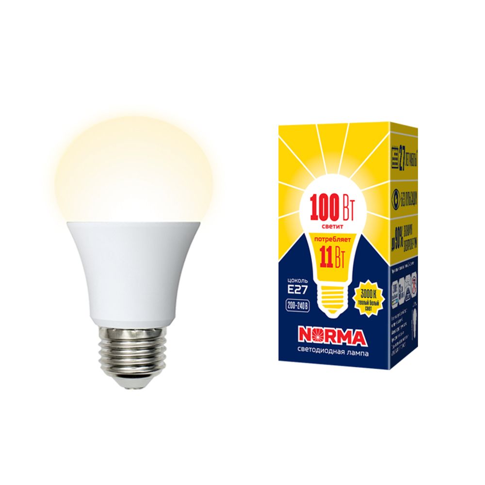 LED-A60-11W-WW-E27-FR-NR Лампа светодиодная. Форма A. матовая. Серия Norma. Теплый белый свет 3000K. Картон. ТМ Volpe