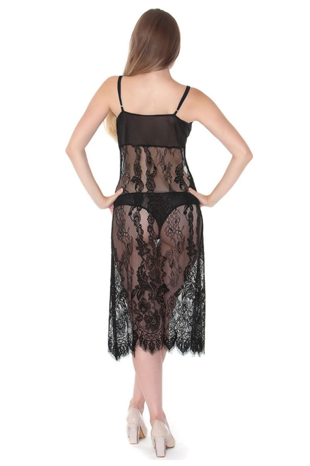 Длинная полупрозрачная кружевная сорочка на тоненьких бретельках (Размер: M) (Цвет: черный)