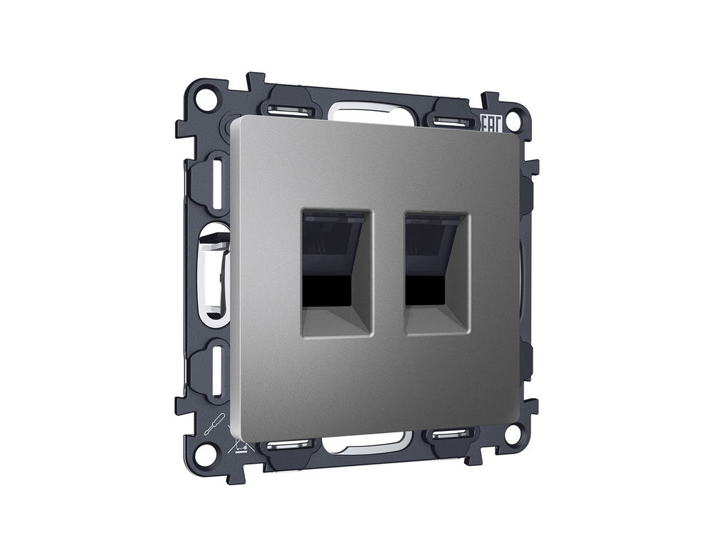 MA662110 Комплект механизма компьютерной двойной розетки RJ-45 (8P8C) CAT6 с автоматической защитной шторкой ALFA Антрацит серый QUANT (AP6621, VM189)