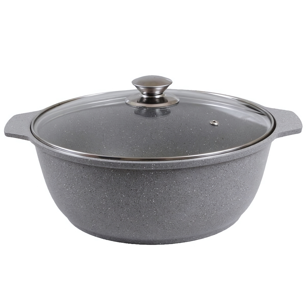 Кастрюля-жаровня алюминевая «Мраморная» 3 л со стеклянной крышкой, литой алюминий, светлый мрамор КМ-жмс32а