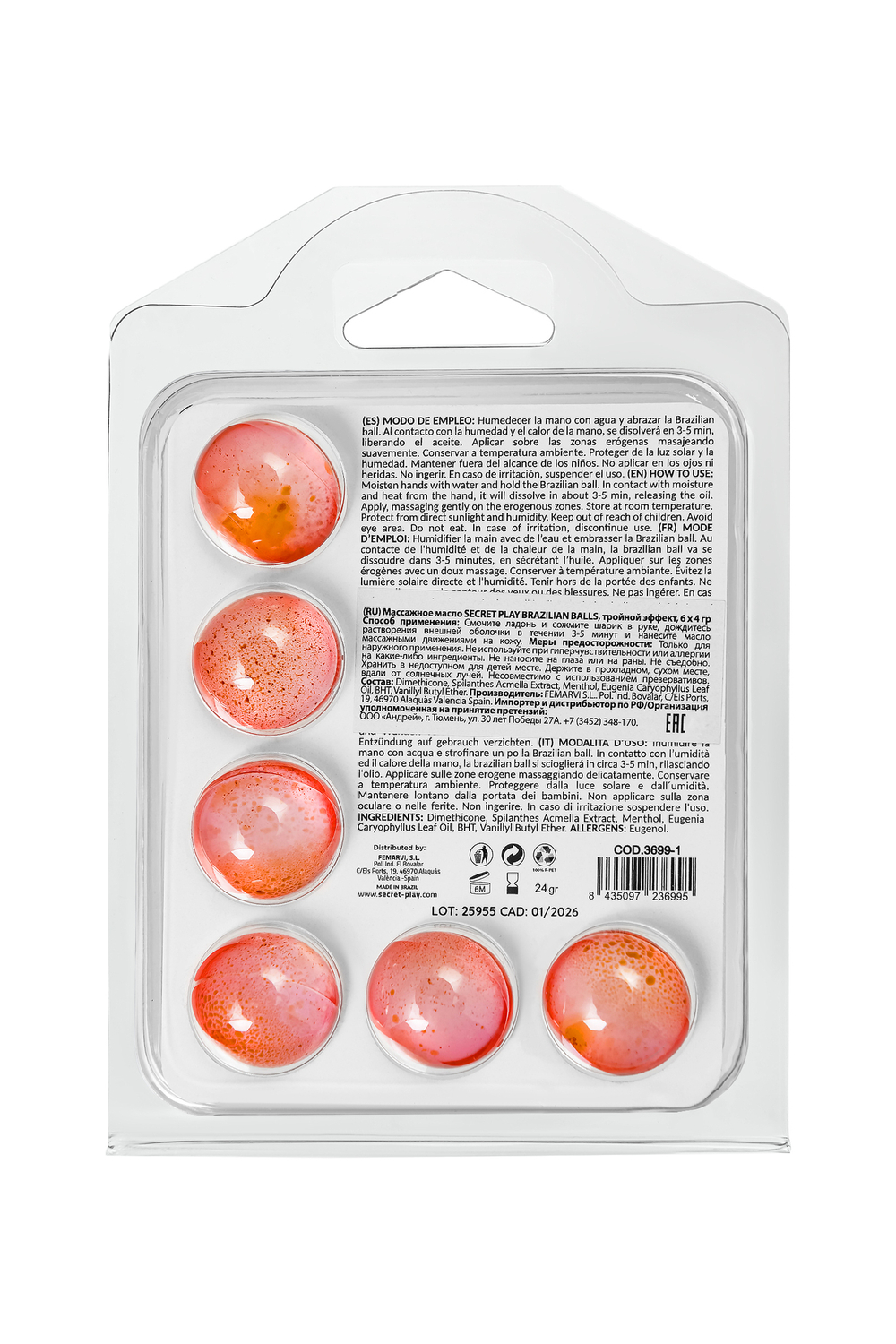 Массажное масло Secret Play Brazilian Balls тройной эффект 6 шт