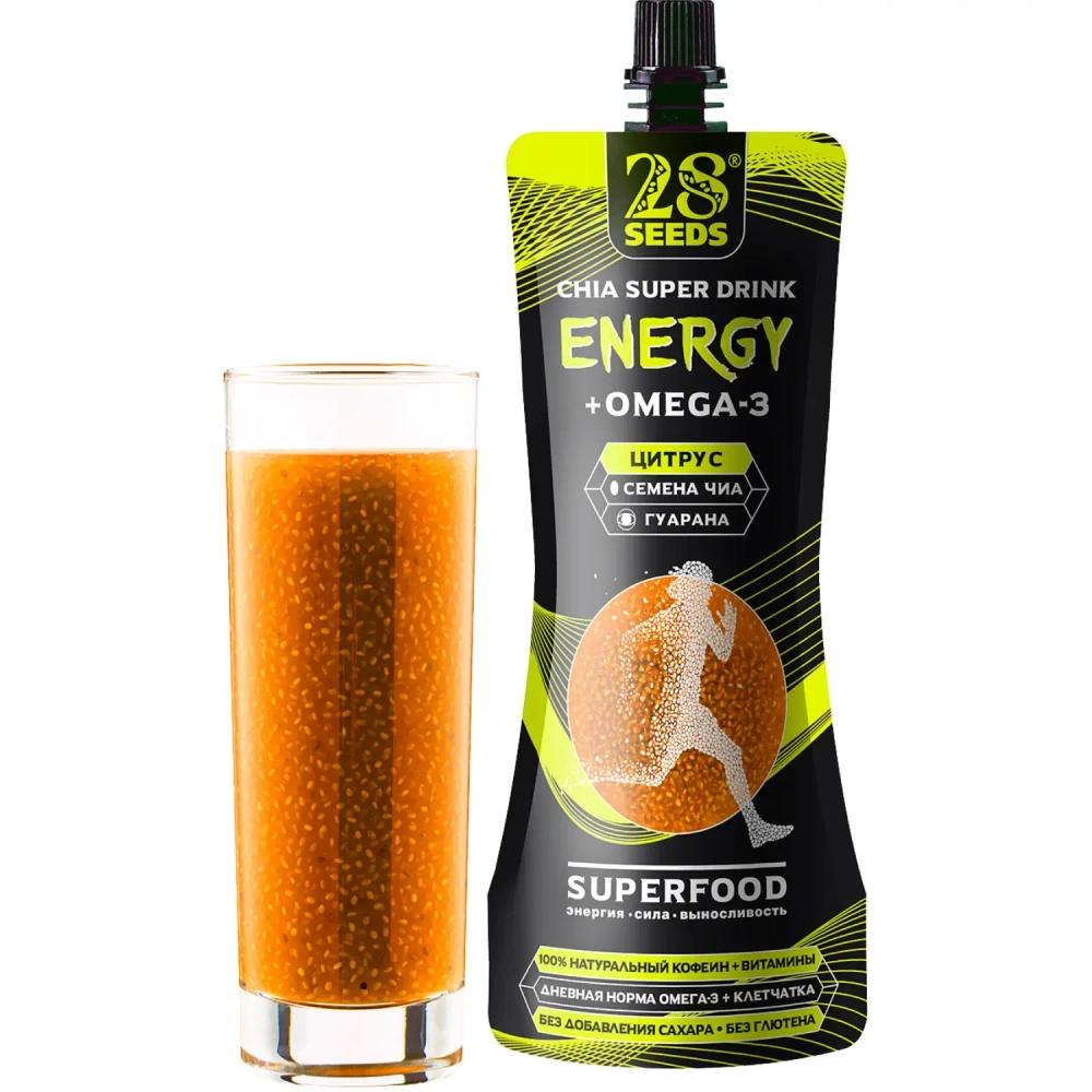 Энергетический напиток Чиа ОМЕГА-3 «Цитрус» 250 мл 28SEEDS — напиток в стакане
