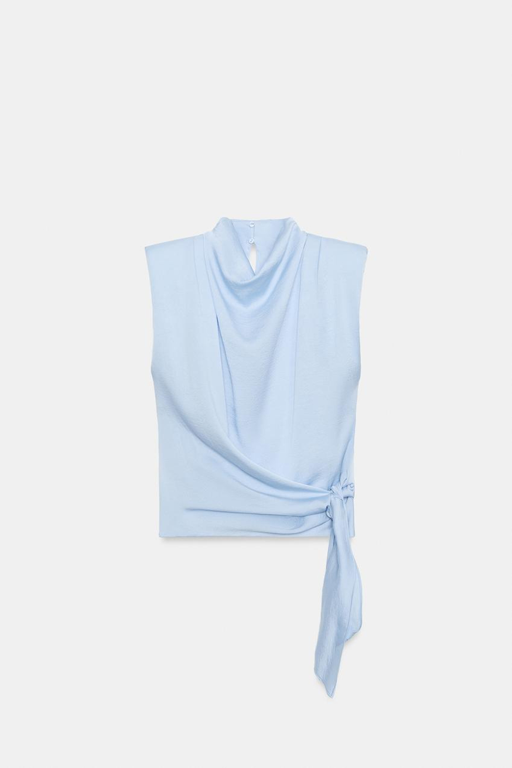 ZARA АТЛАСНЫЙ ТОП С БАНТОМ И ПОДПЛЕЧНИКАМИ, ГОЛУБОЙ
